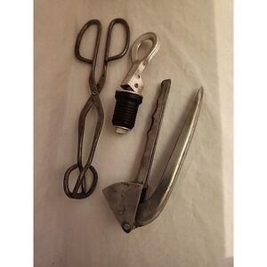 Vintage Kitchen Tool Set Tongs , Bottle Stopper And Garlic Press